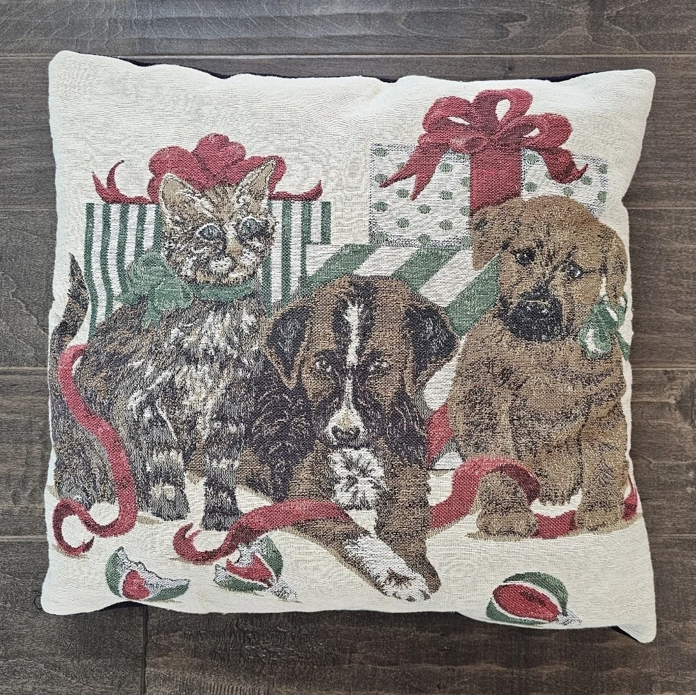 Vintage and Charming Christmas Tapestry Puppy and Kitten Pillow